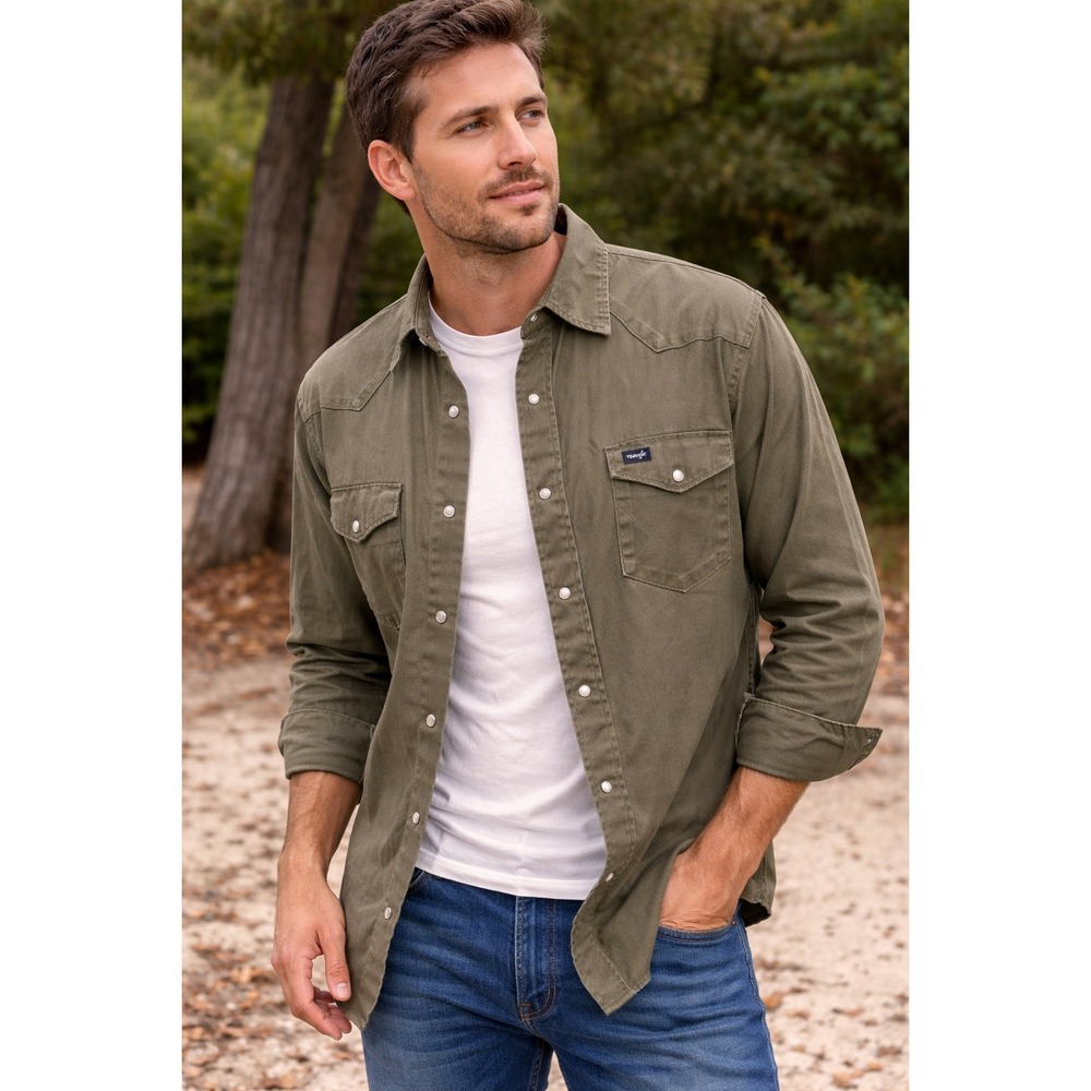 Wrangler Mens Western Snap Shirt Olive Green Long Sleeve MSM08GN Large